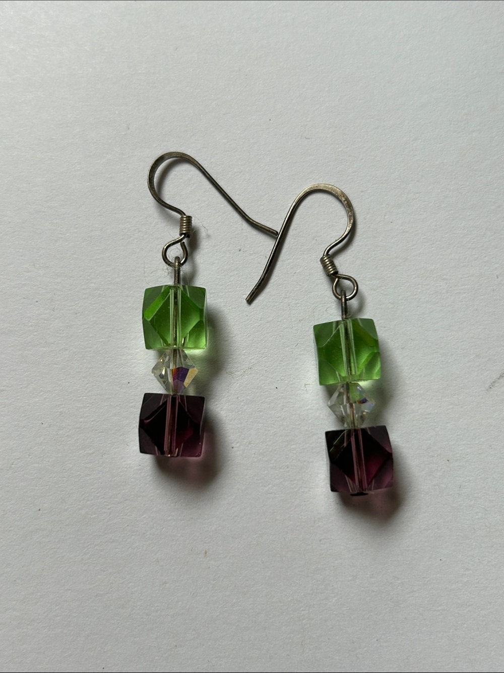 Green & Purple Cube Drop Earrings with Clear Accent Bead j11